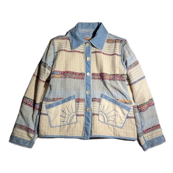 Vtg Y2K Yak Magik Blue Ivory Reversible Fringe Trim0 Blanket Woven Jacket S - Picture 3 of 5